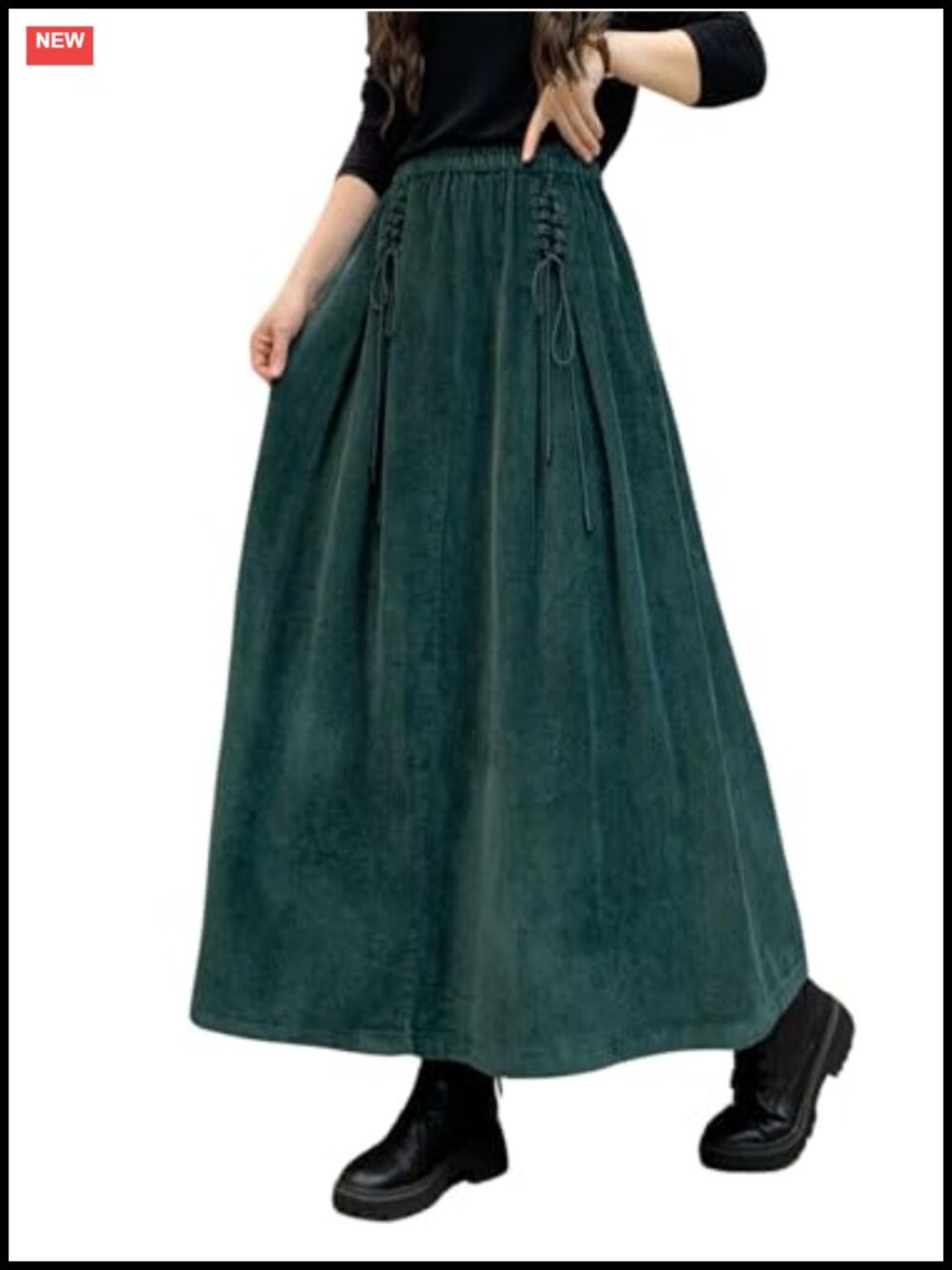 Corduroy Maxi Skirt High Waist Drawstring A-Line Pleated with Pockets